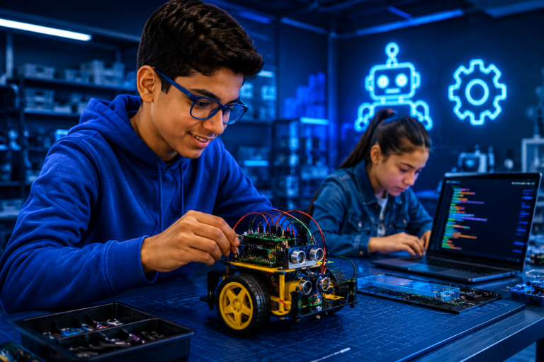 Estudiantes de Robotic Minds construyendo un robot en clase de robótica educativa