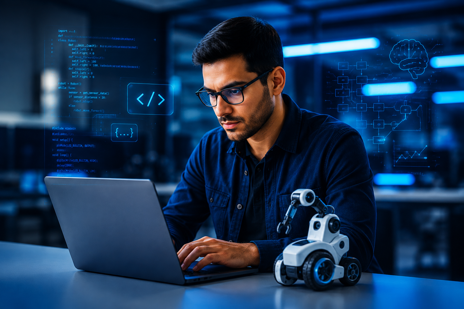 Profesional trabajando en programación e inteligencia artificial en Robotic Minds